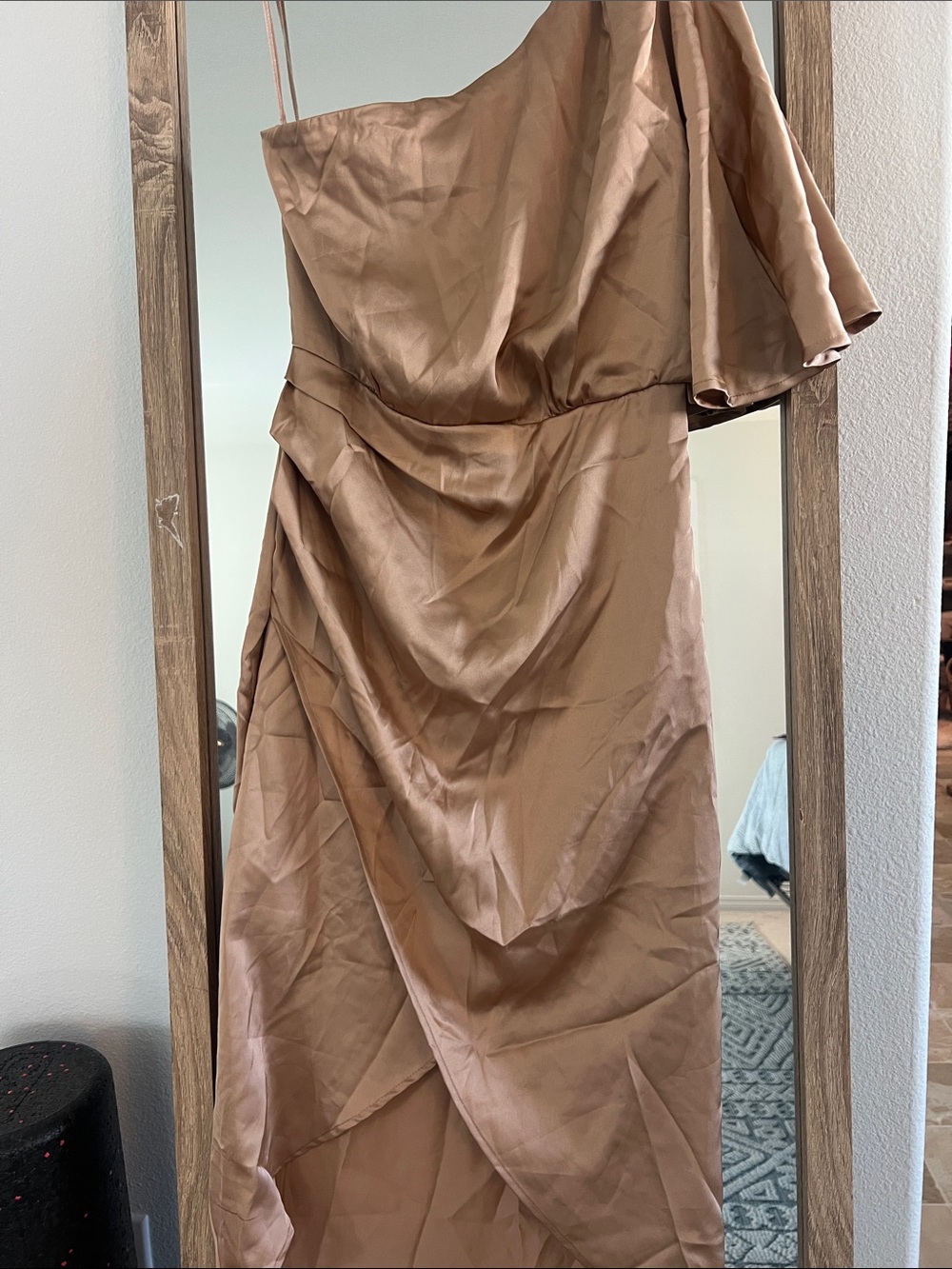 Sincerely Jules One-Shoulder Satin Dress in Taupe Brown